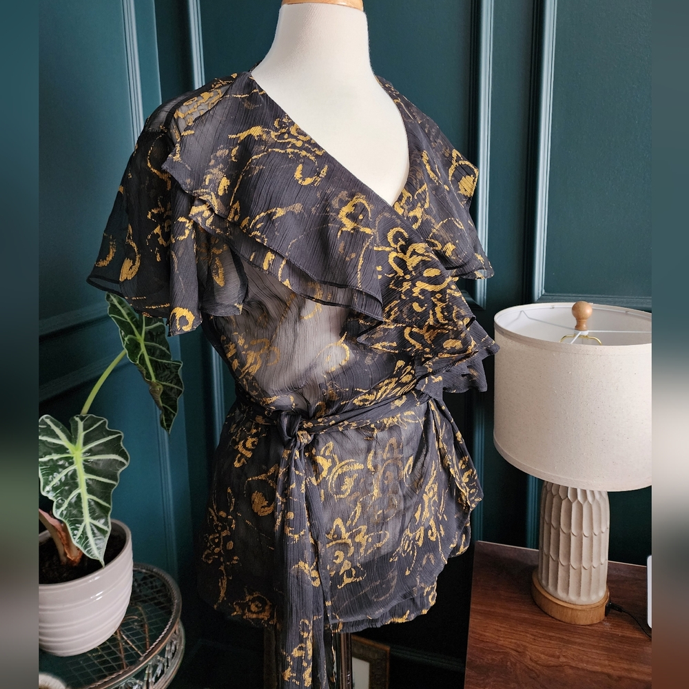2/$15 Black and Gold Baroque Wrap Blouse